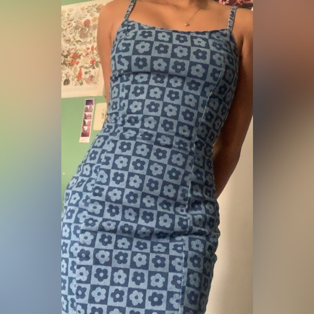 H&M S Blue Flower Checkered Dress